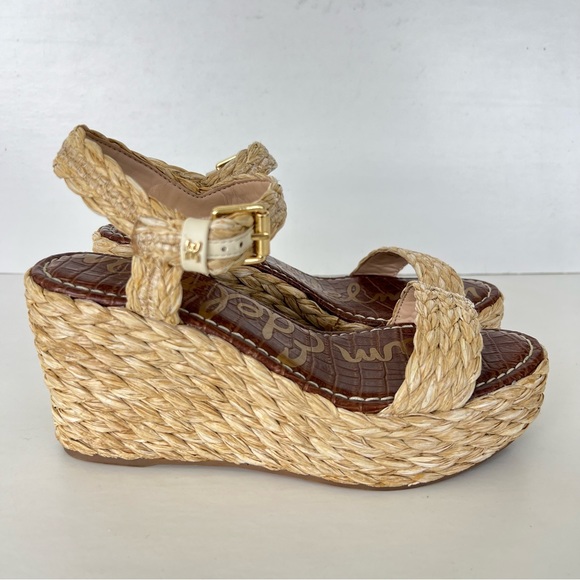 SAM EDELMAN Deena Raffia Ankle Strap Buckle Closure Platform Wedges Sandals Sz 8 - Picture 2 of 11